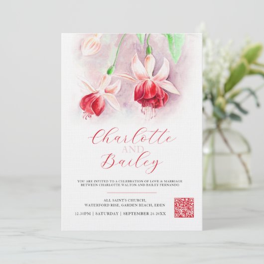 Fuchsia Aquarell Rosa Foto Einladung (Stehend Vorderseite)