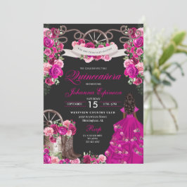 Fuchsia & Black Cowgirl Western Charro Quinceanera Einladung