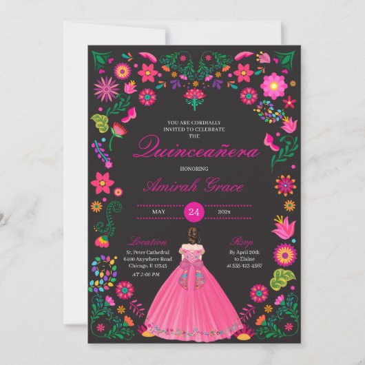Fuchsia & Black Embroidery Quinceañera Einladung (Vorderseite)