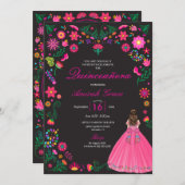 Fuchsia & Black Embroidery Quinceañera Einladung (Vorne/Hinten)