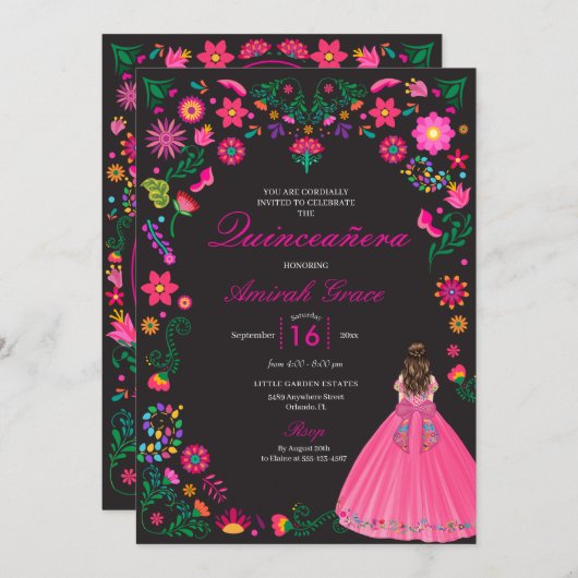 Fuchsia & Black Embroidery Quinceañera Einladung (Vorne/Hinten)