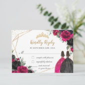 Fuchsia Black Floral Twins Quinceañera XV Antwort (Stehend Vorderseite)