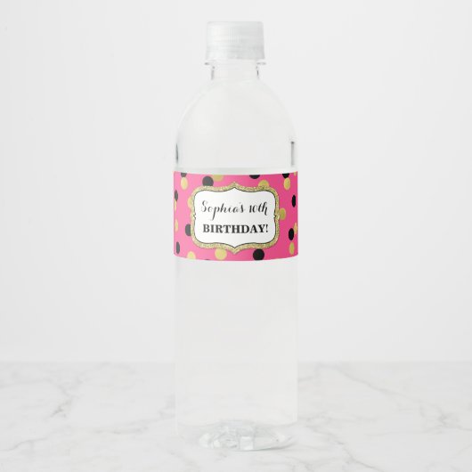Fuchsia Black Gold Confetti Custom Geburtstagspart Wasserflaschenetikett (Vorderseite)