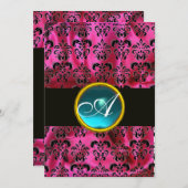 FUCHSIA BLACK SILK DAMASK BLUE GEM MONOGRAMM EINLADUNG (Vorne/Hinten)