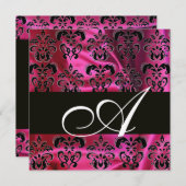 FUCHSIA BLACK SILK DAMASK CLOTH MONOGRAMM, weiß Einladung (Vorne/Hinten)