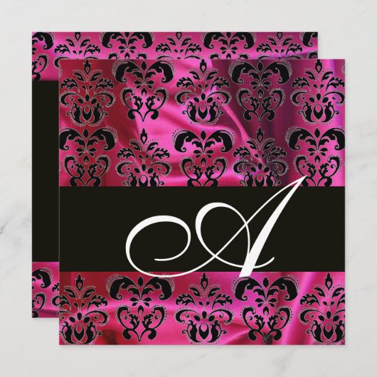 FUCHSIA BLACK SILK DAMASK CLOTH MONOGRAMM, weiß Einladung (Vorne/Hinten)