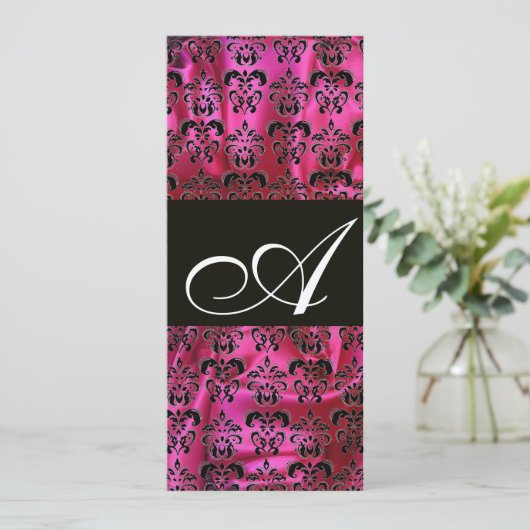 FUCHSIA BLACK SILK DAMASK MONOGRAMM, Champagner Einladung (Stehend Vorderseite)