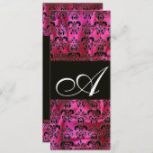 FUCHSIA BLACK SILK DAMASK MONOGRAMM, Champagner Einladung (Vorne/Hinten)
