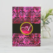 FUCHSIA BLACK SILK DAMASK RUBY MONOGRAMM, weiß Einladung (Stehend Vorderseite)