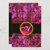 FUCHSIA BLACK SILK DAMASK RUBY MONOGRAMM, weiß Einladung (Vorne/Hinten)