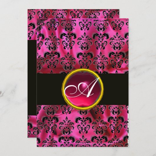 FUCHSIA BLACK SILK DAMASK RUBY MONOGRAMM, weiß Einladung (Vorne/Hinten)