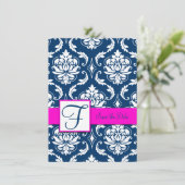 Fuchsia Blue Damask Save the Date Card (Stehend Vorderseite)