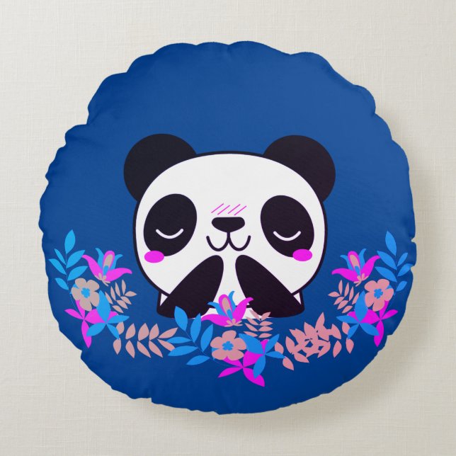 Fuchsia & Blue Floral Panda Bear Throw Kissen (Vorderseite)
