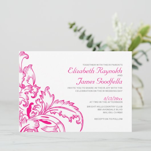 Fuchsia Blüh Wedding Einladungen (Stehend Vorderseite)