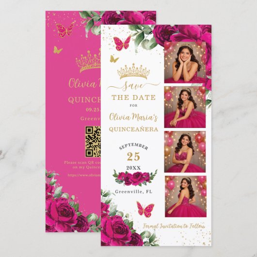 Fuchsia-Blumen-Fotoautomaten-Quinceanera-QR-Code Save The Date (Vorne/Hinten)