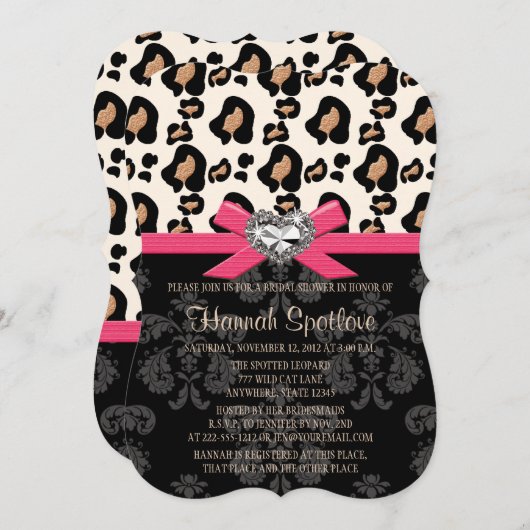 Fuchsia Bow Leopard Print Imitats Blende Brautpart Einladung (Vorne/Hinten)