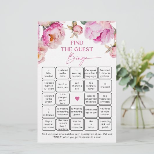 Fuchsia bright peony Finde das Gast Bingo Spiel (Stehend Vorderseite)