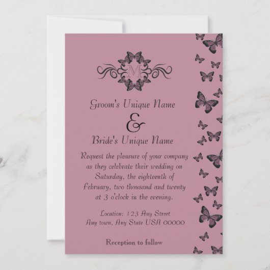Fuchsia Butterflies Monogram Wedding Einladung (Vorderseite)