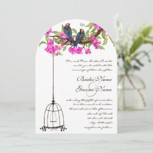 Fuchsia Cherry Blossom Love Birds Birdcage Hochzei Einladung