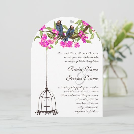 Fuchsia Cherry Blossom Love Birds Birdcage Hochzei Einladung (Stehend Vorderseite)