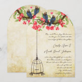 Fuchsia Cherry Blossom Love Birds Birdcage Hochzei Einladung (Vorne/Hinten)