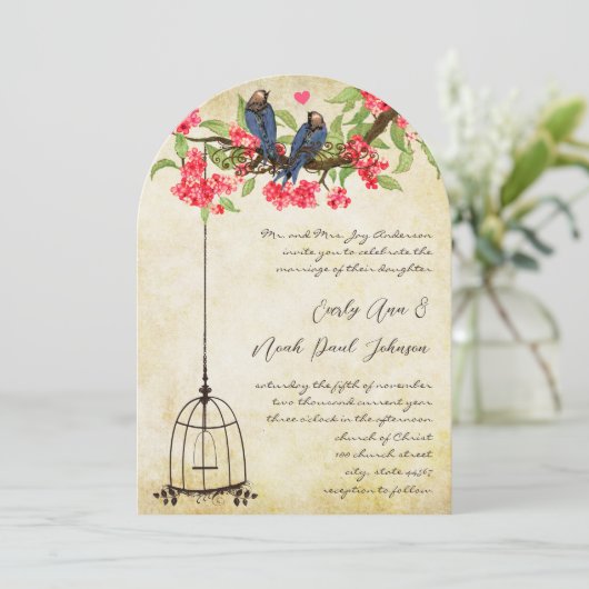 Fuchsia Cherry Blossom Love Birds Birdcage Hochzei Einladung (Stehend Vorderseite)