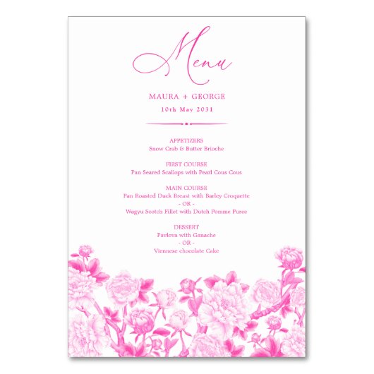 Fuchsia Chinoiserie Menü & Tischnummer (Rückseite)