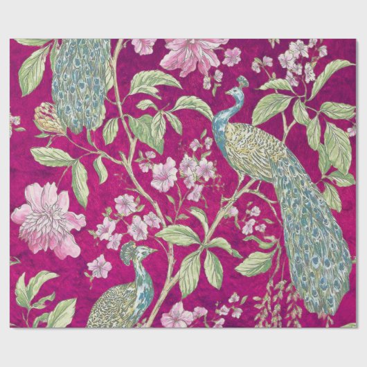 Fuchsia Chinoiserie Pfaue Entcouch Geschenkpapier (Flach)