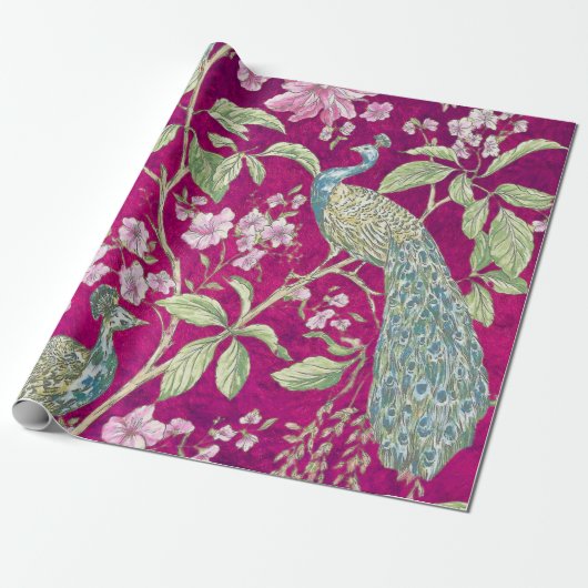 Fuchsia Chinoiserie Pfaue Entcouch Geschenkpapier (Ungerollt)