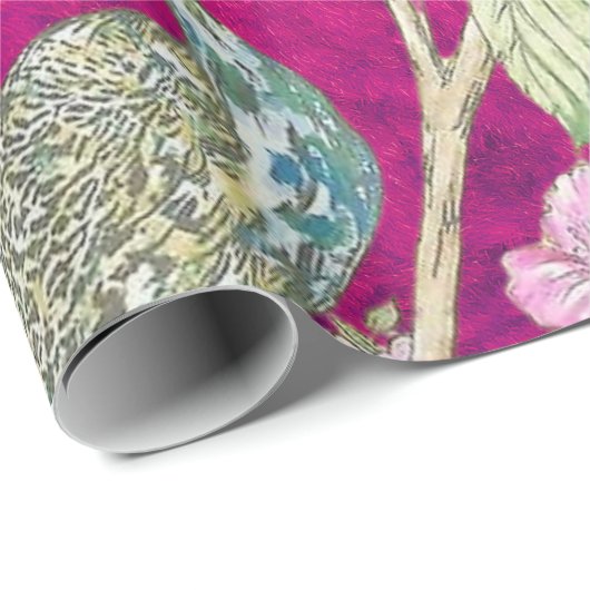 Fuchsia Chinoiserie Pfaue Entcouch Geschenkpapier (Rolleneckpunkt)