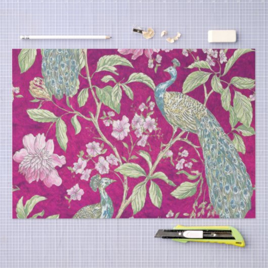 Fuchsia Chinoiserie Pfaue Entcouch Seidenpapier (Handwerk)