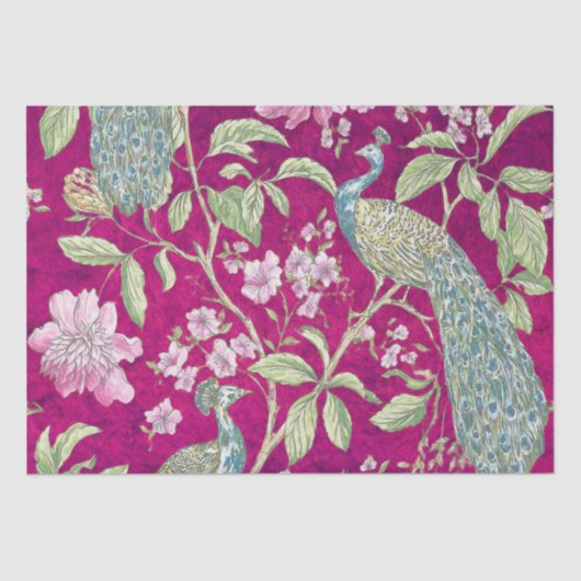 Fuchsia Chinoiserie Pfaue Entcouch Seidenpapier (Vorderseite)