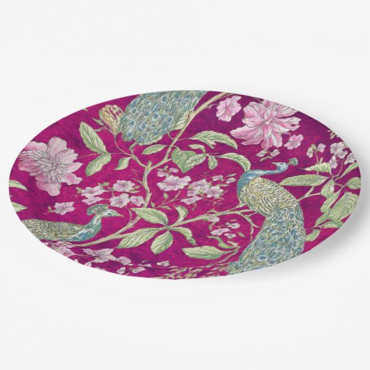 Fuchsia Chinoiserie Rodelbahn Pappteller (Schrägansicht)