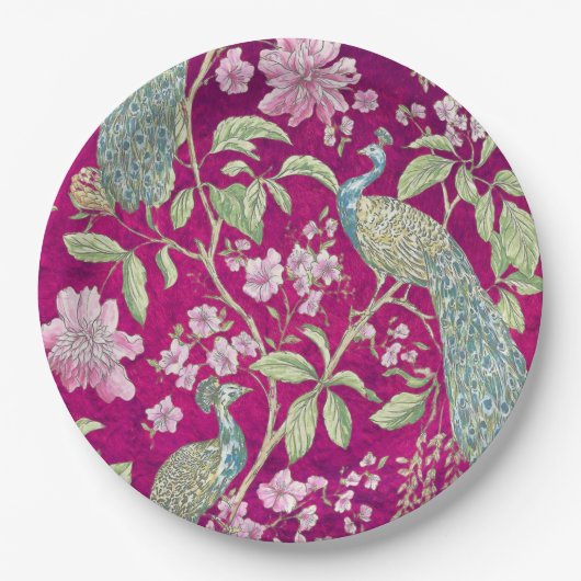 Fuchsia Chinoiserie Rodelbahn Pappteller (Vorderseite)