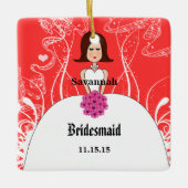 Fuchsia & Coral Wedding Brown Hair Bridesmaid Keramikornament (Vorderseite)