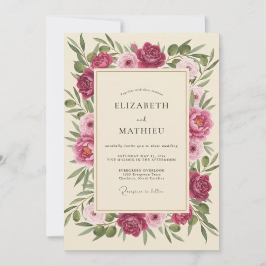 Fuchsia Creme-Blütenhochzeit Einladung (Vorderseite)