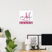 Fuchsia Damask Monogram Wedding Reception Sign Poster (Heimbüro)