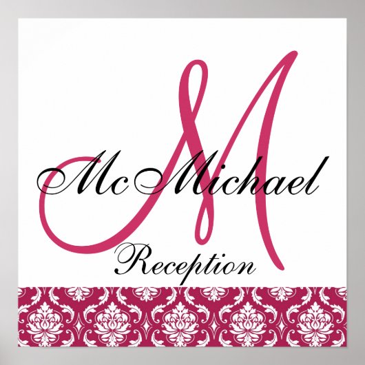 Fuchsia Damask Monogram Wedding Reception Sign Poster (Vorne)