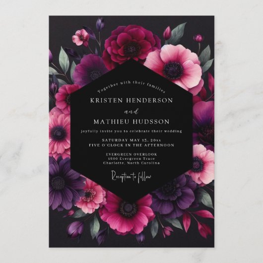 Fuchsia Dramatische Anemonen-Hochzeit Einladung (Vorderseite)