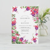 Fuchsia Drapierung Florale Hochzeit Einladung (Stehend Vorderseite)