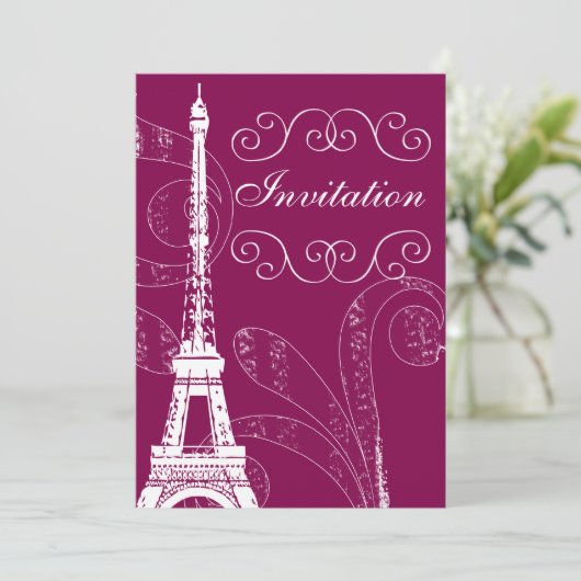 Fuchsia Eiffel Tower Einladung zur Hochzeit (Stehend Vorderseite)