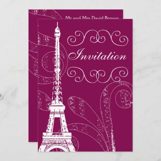 Fuchsia Eiffel Tower Einladung zur Hochzeit (Vorne/Hinten)