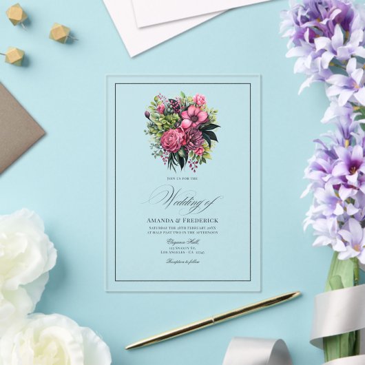 Fuchsia, Emerald Green und Black Floral Wedding Acryleinladungen (In Situ (Hochzeit))