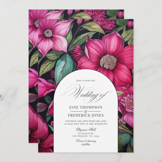 Fuchsia, Emerald Green und Black Floral Wedding Einladung (Vorne/Hinten)