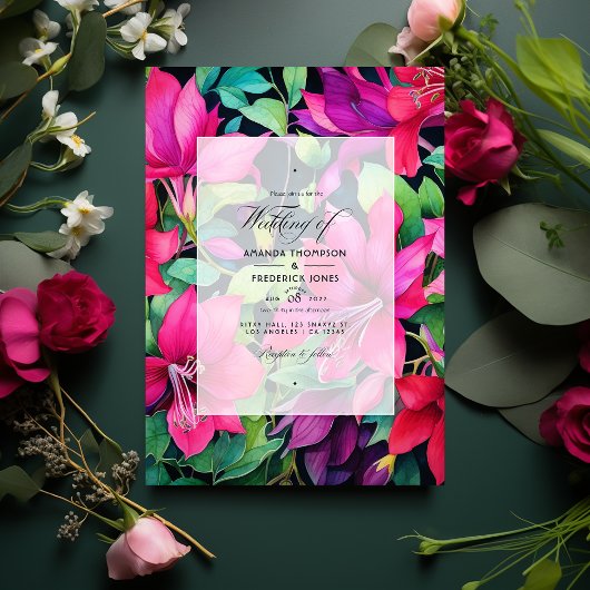 Fuchsia, Emerald Green und Black Floral Wedding Einladung