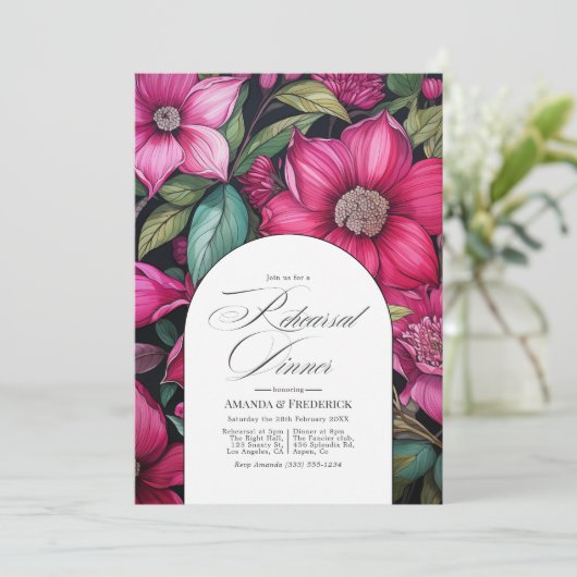 Fuchsia, Emerald Green und Black Probe Dinner Einladung (Stehend Vorderseite)