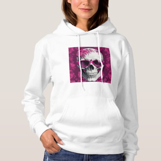Fuchsia Floral 3D Dead Skull mit Sonnenbrille Hoodie (Vorderseite)
