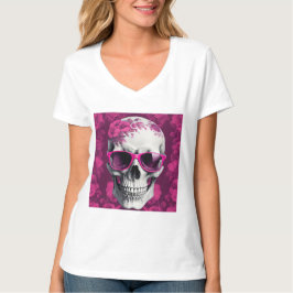 Fuchsia Floral 3D Dead Skull mit Sonnenbrille T-Shirt