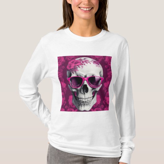 Fuchsia Floral 3D Dead Skull mit Sonnenbrille T-Shirt (Vorderseite)