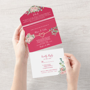Fuchsia Floral All-in-One Hochzeit Einladung + Fot